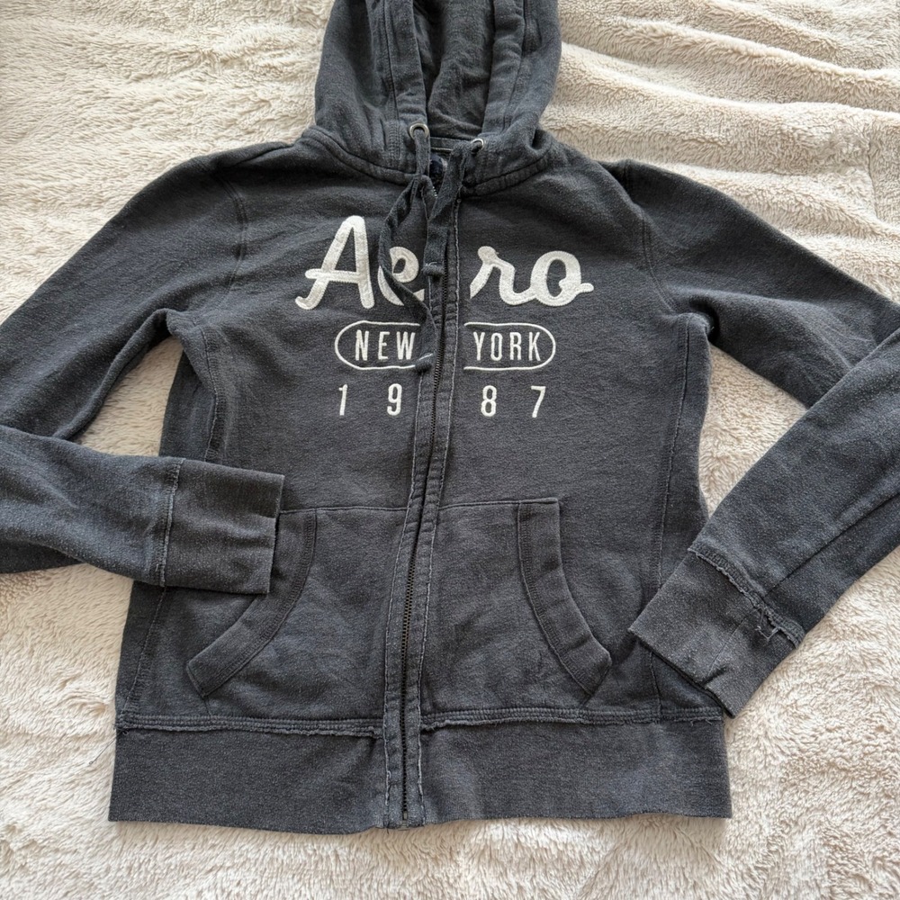 Aeropostale Y2K Womens Graphic‎ Zip Up Hoodie Gray New York 1987 Size S